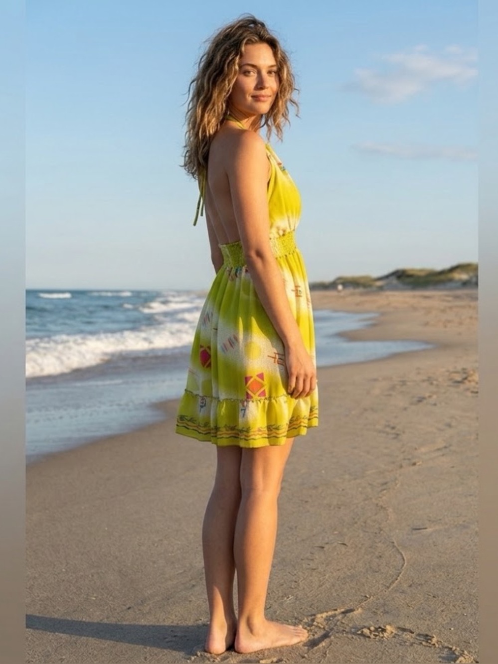 Mt Collection - Lime Halter Dress with Smocked Waist